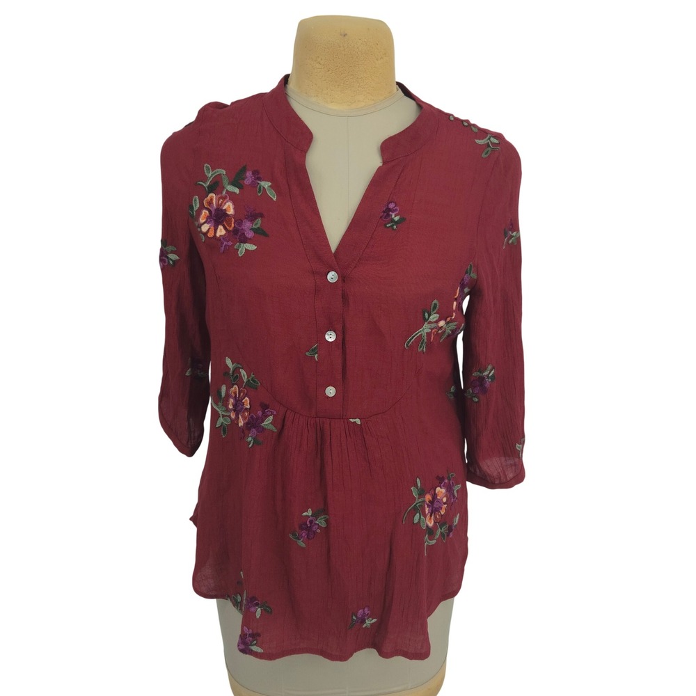 Figueroa‎ & Flower Blouse Women M Red Embroidered Floral Boho Peasant Feminine